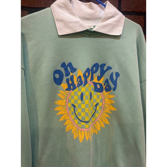 Baevely Anthropologie Mint Green Smiley Face Sweatshirt Positivity Oh Happy Day - Picture 4 of 9